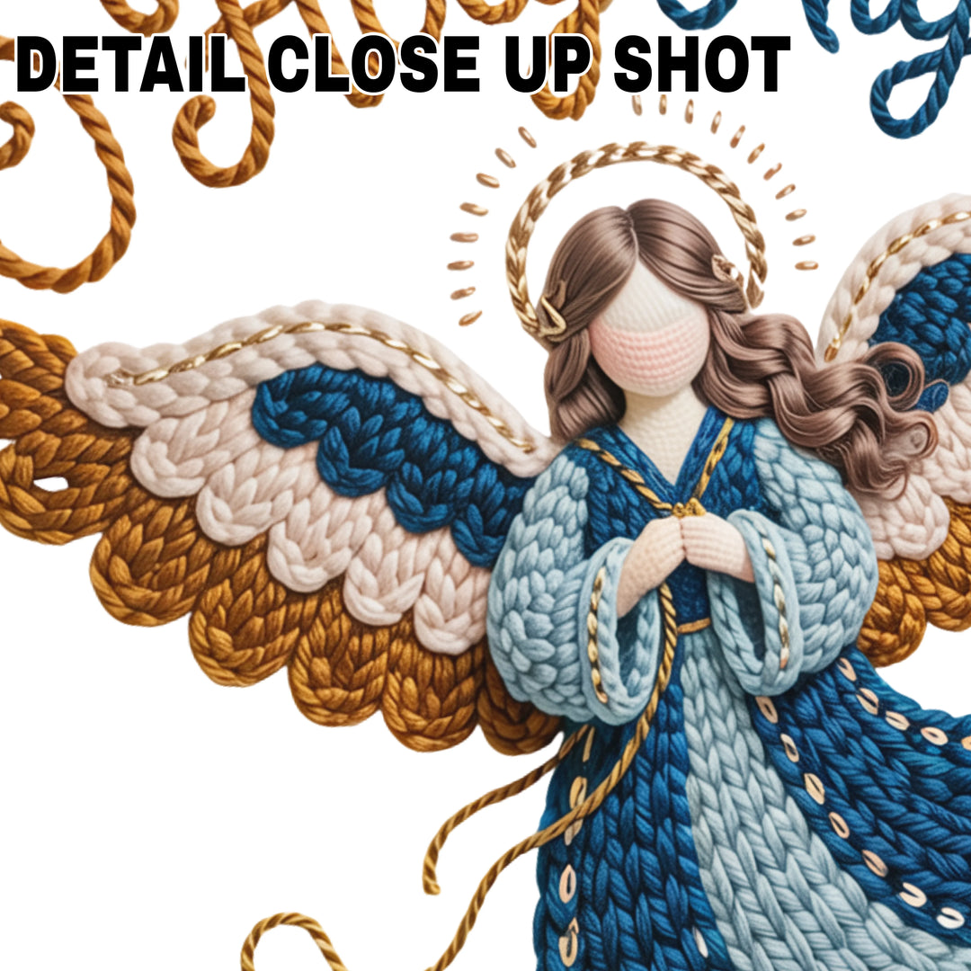 Christmas DTF transfer design featuring a flying angel with blue and gold wings next to O Holy Night text in rope-style lettering on transparent background
