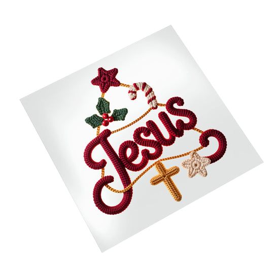 Christmas Jesus DTF transfer with yarn-like textured lettering displayed on white background showing rich burgundy colors and festive holiday embellishments