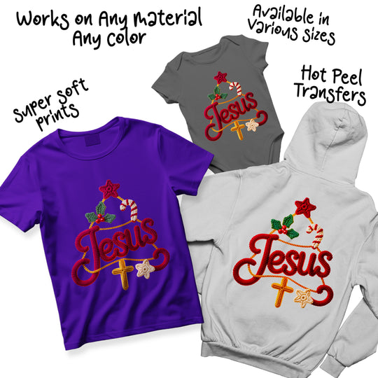 Christmas Jesus DTF transfer design variations showing different color options and textured lettering styles with holiday decorative elements
