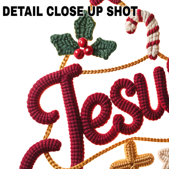 Christmas Jesus DTF transfer design with textured burgundy lettering, holly leaves, candy canes, gold cross and star decorative elements on transparent background