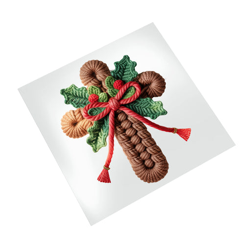 Christmas pine cone holly DTF transfer on white background showing dimensional yarn texture effect with red bow accent