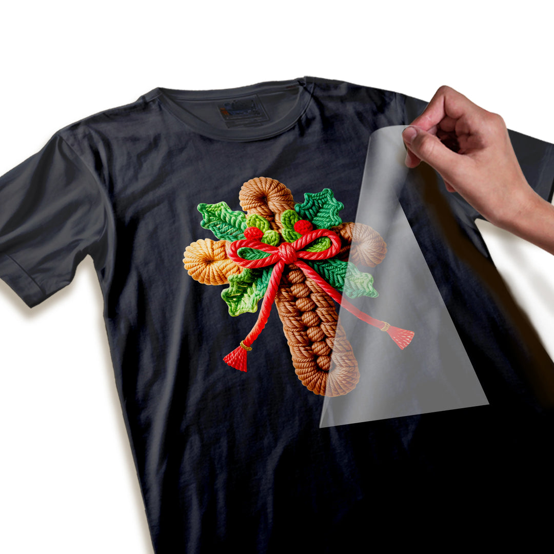 Close-up detail of Christmas DTF transfer showing twisted rope yarn texture on pine cones with holly leaf veining and ribbon weave