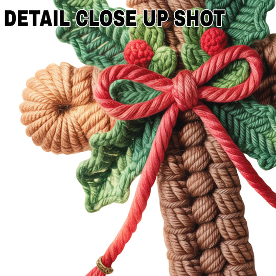 Christmas DTF transfer design featuring textured brown pine cones with green holly leaves and red ribbon bow in faux yarn rope style