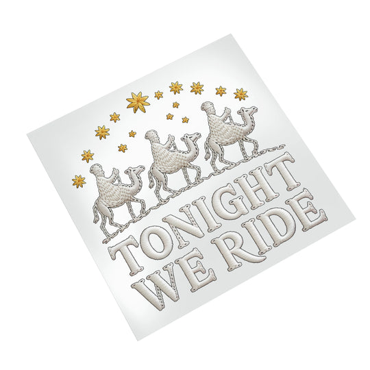 Three wise men camels Christmas DTF transfer on white background showing embroidered texture effect and metallic gold star details