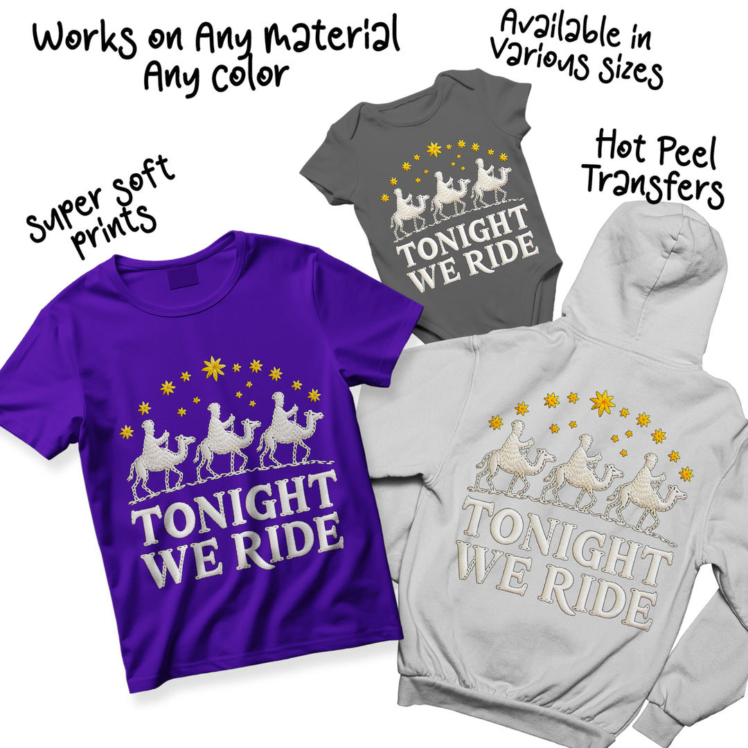 Multi-color variation of Tonight We Ride wise men DTF transfer displaying different colorway options for Christmas apparel