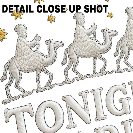 Christmas DTF transfer design showing three wise men riding camels with gold stars and Tonight We Ride text in yarn textured style