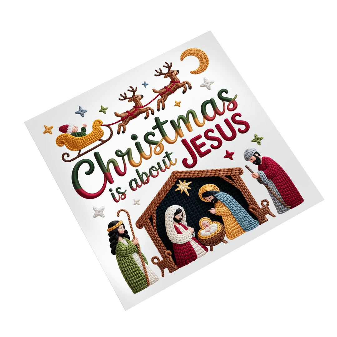 Christmas Jesus nativity DTF transfer on white background showing knitted texture design with holy family, wise men and Christmas is about Jesus text