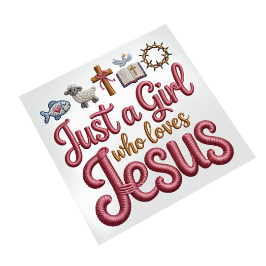 Girl Who Loves Jesus DTF transfer on white background showing detailed embroidered texture appearance with religious symbols in burgundy and gold colors