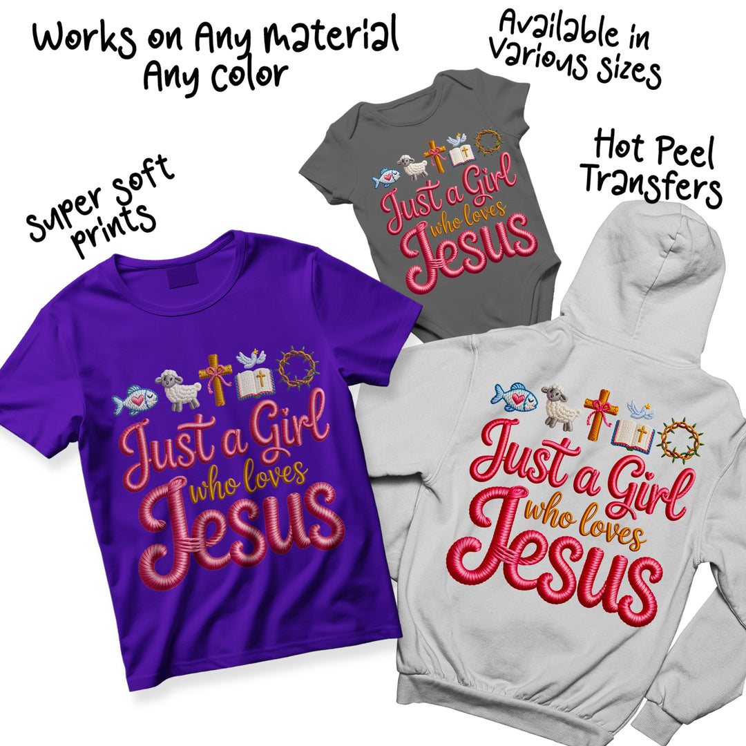 Multi-color variation of Just a Girl Who Loves Jesus DTF transfer displaying different color options for Christian faith-based apparel designs