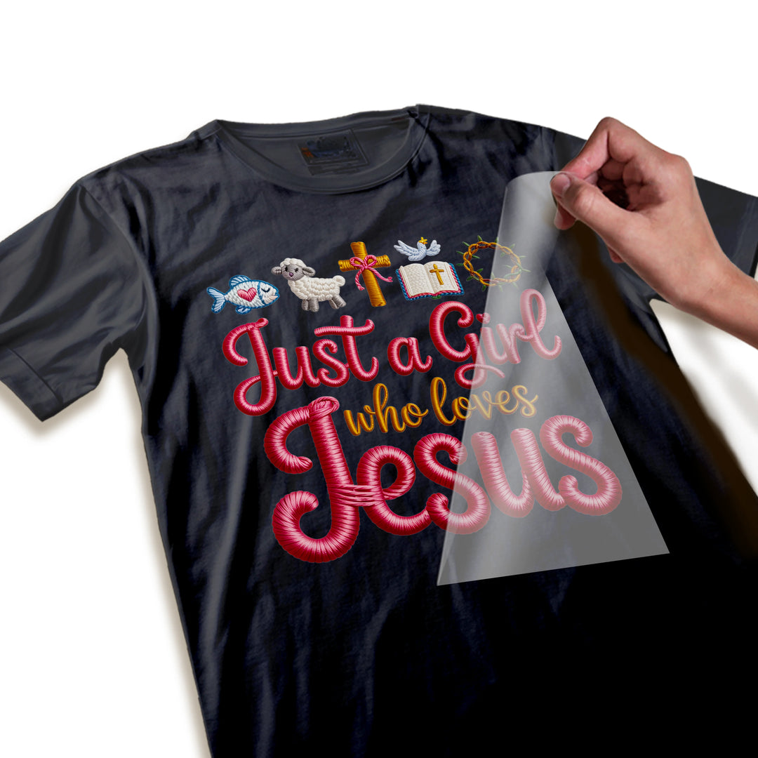 Close-up detail of Girl Who Loves Jesus DTF transfer showing yarn-like embroidered texture quality and intricate Christian symbol details