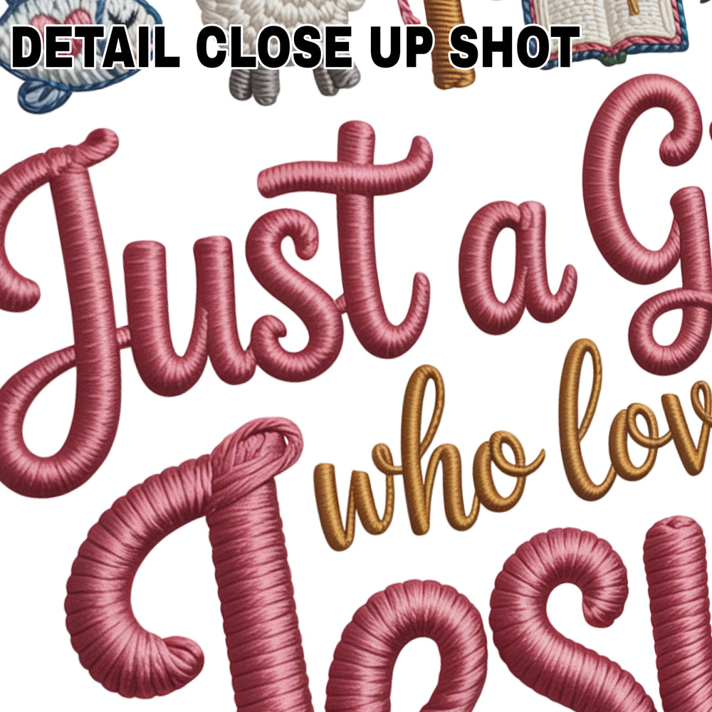 Faith DTF transfer design showing 'Just a Girl Who Loves Jesus' text with Christian symbols including cross, dove, crown of thorns, lamb, and Bible in burgundy embroidered style