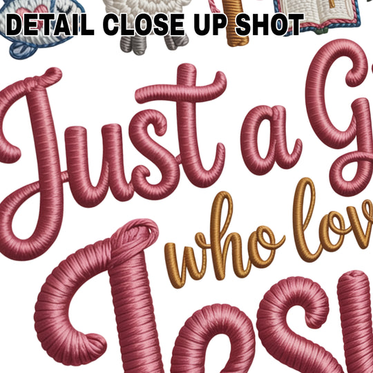 Faith DTF transfer design showing 'Just a Girl Who Loves Jesus' text with Christian symbols including cross, dove, crown of thorns, lamb, and Bible in burgundy embroidered style