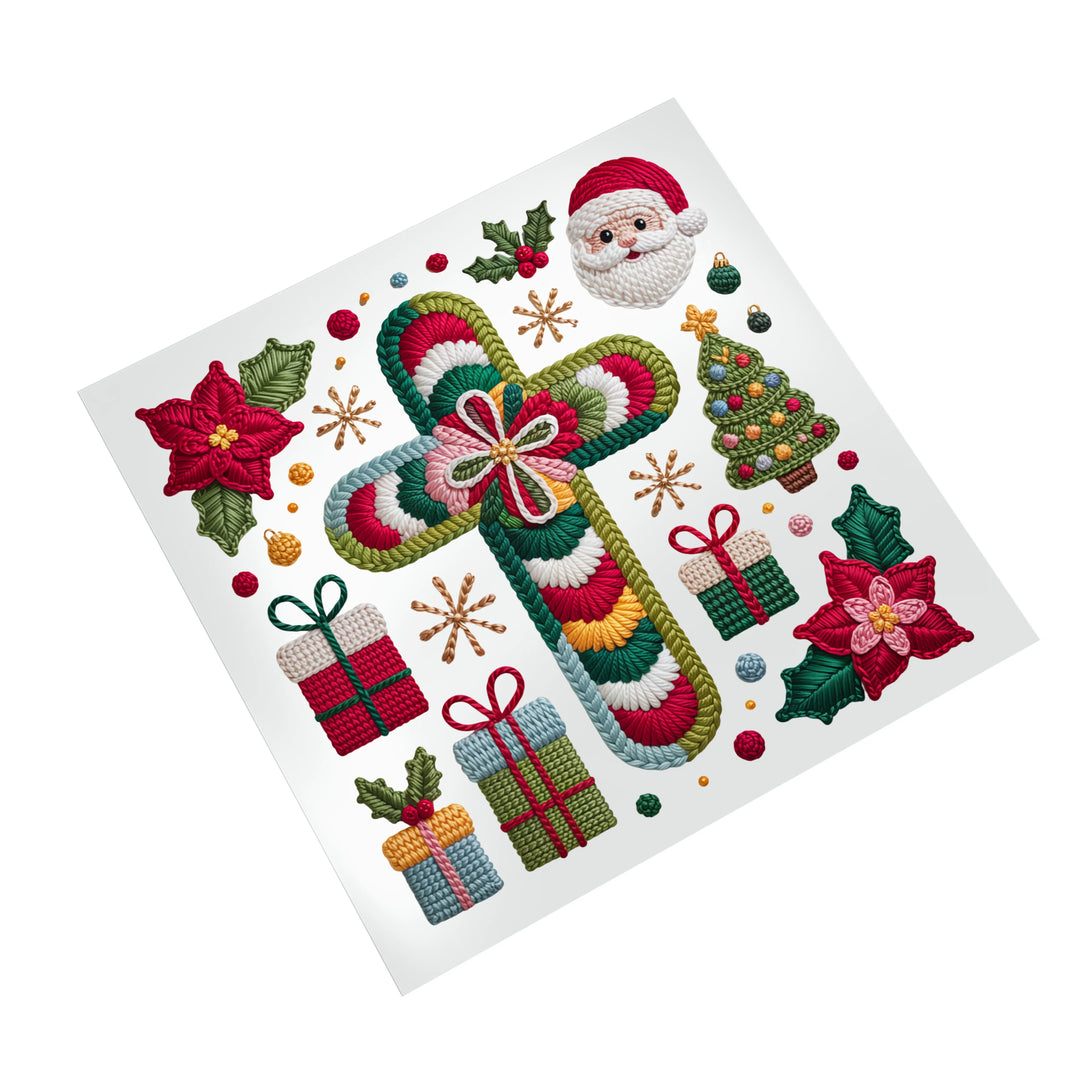 Christmas cross DTF transfer on white background showing yarn-textured Santa, gifts, Christmas tree and holiday decorations