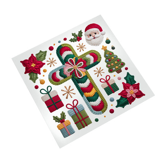 Christmas cross DTF transfer on white background showing yarn-textured Santa, gifts, Christmas tree and holiday decorations