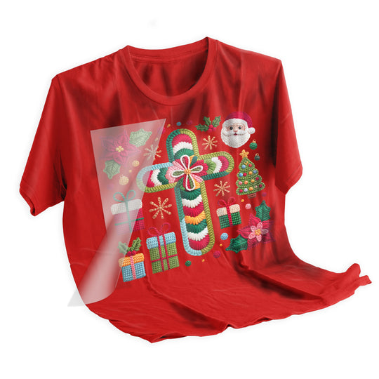Christmas yarn cross DTF transfer applied to holiday t-shirt showing professional heat press application results