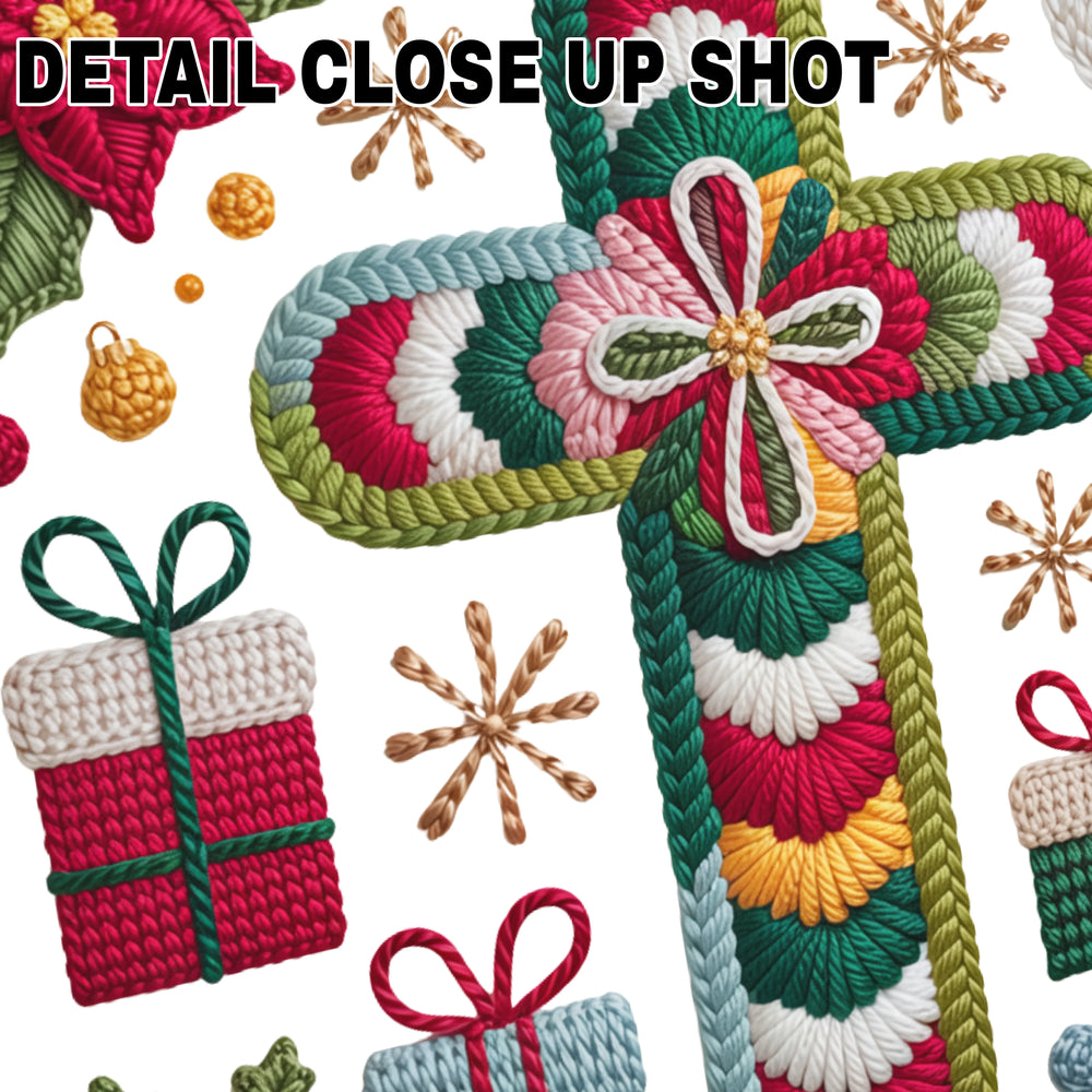 Christmas yarn cross DTF transfer design with Santa face, wrapped presents, poinsettias and golden snowflakes in knitted texture style