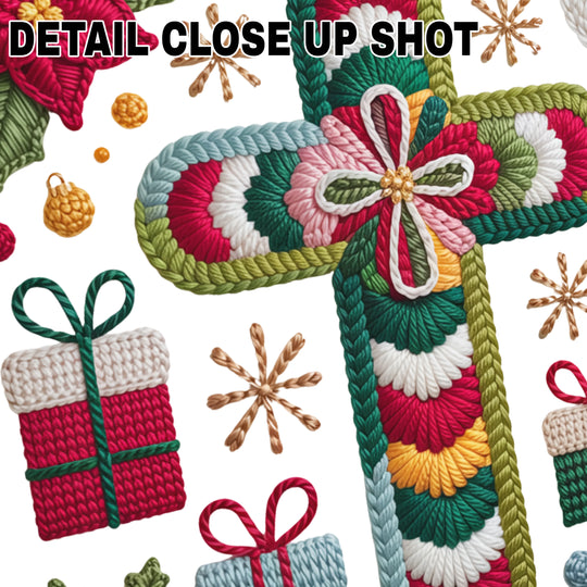 Christmas yarn cross DTF transfer design with Santa face, wrapped presents, poinsettias and golden snowflakes in knitted texture style