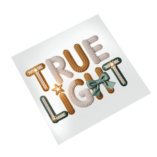 True Light Christmas DTF transfer on white background showing detailed knitted rope texture effect with holiday embellishments ready for heat press application