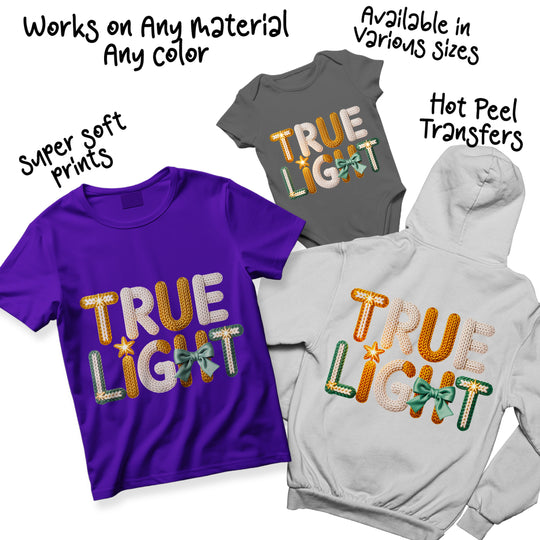 Multi-color variations of True Light Christmas DTF transfer displaying different knitted texture colorways for versatile holiday apparel options