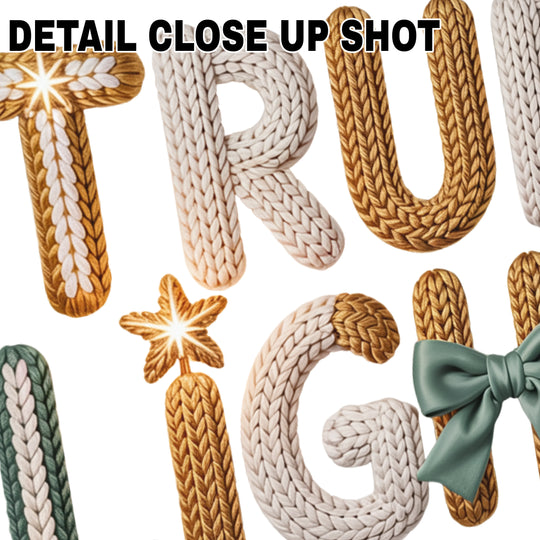 Christmas True Light DTF transfer design featuring knitted yarn-style letters in brown, cream and green colors with snowflake decorations and bow accent