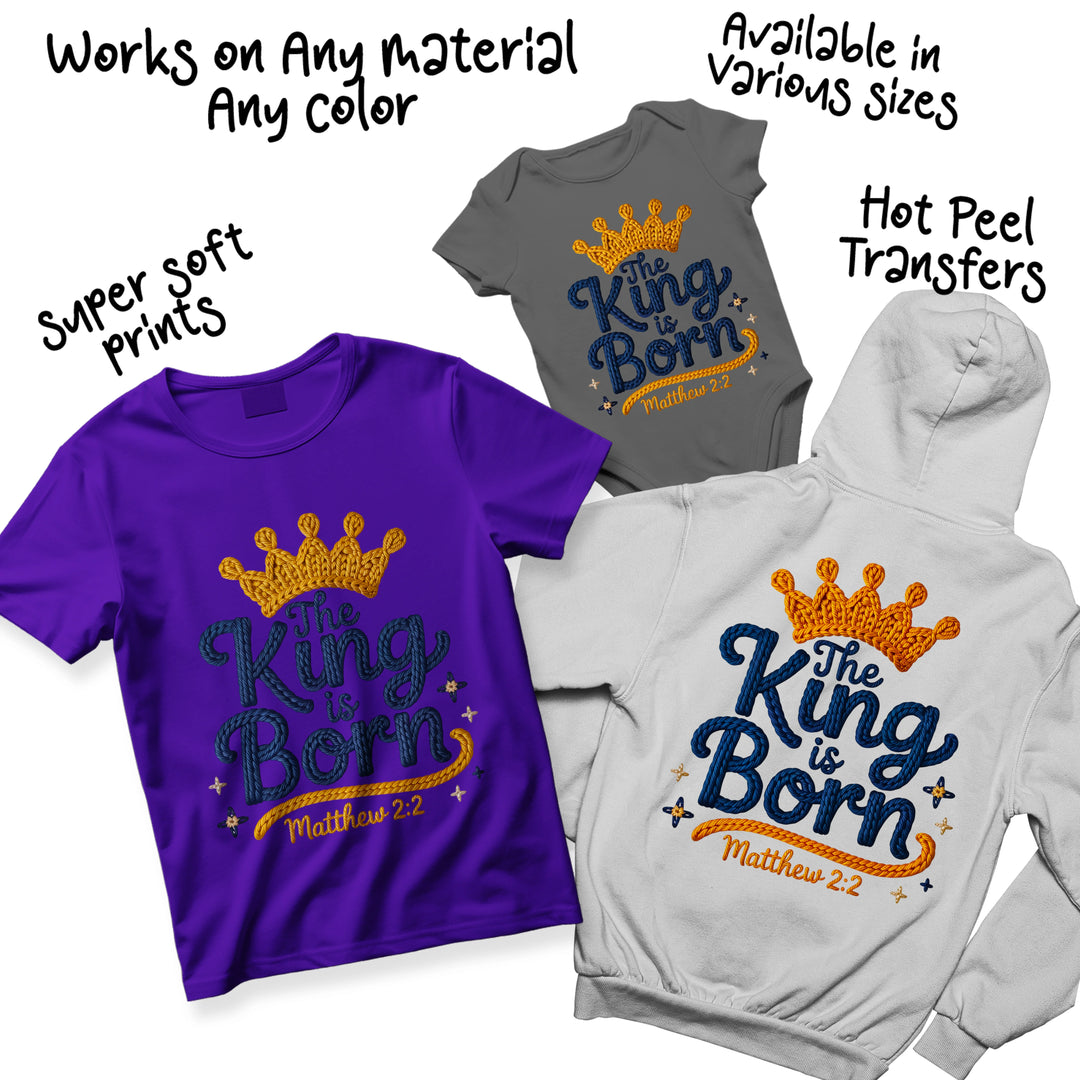 Multi-color variation of Christmas King is Born DTF transfer showing different color options for rope texture lettering and crown elements