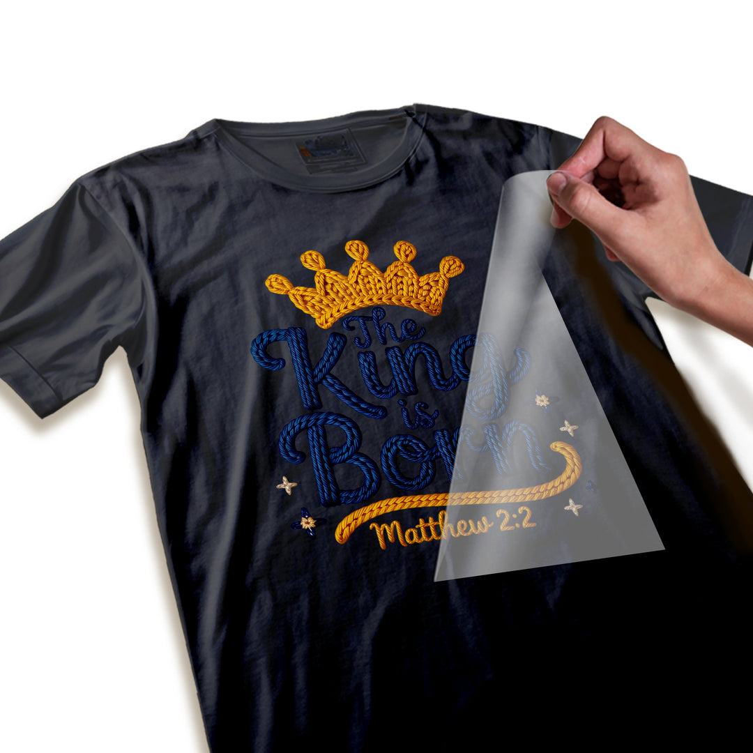 Close-up detail shot of Christmas DTF transfer showing intricate rope texture pattern in lettering and dimensional crown design quality