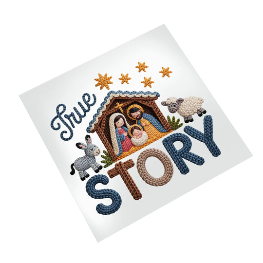 Christmas True Story nativity DTF transfer on white background showing detailed yarn texture effect and golden star accents