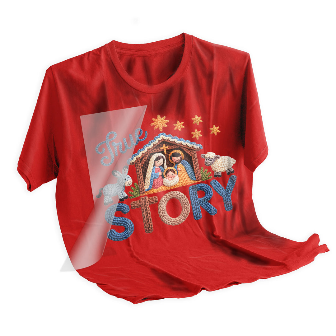 Christmas True Story nativity DTF transfer applied to dark shirt showing vibrant colors and textured appearance