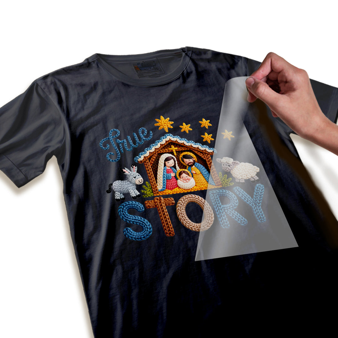 Close-up detail of Christmas nativity DTF transfer showing yarn-like texture quality and crisp design elements