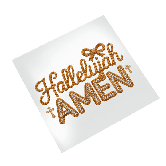 Christmas Hallelujah Amen DTF transfer mockup on white background showing detailed rope texture and cross embellishments ready to press