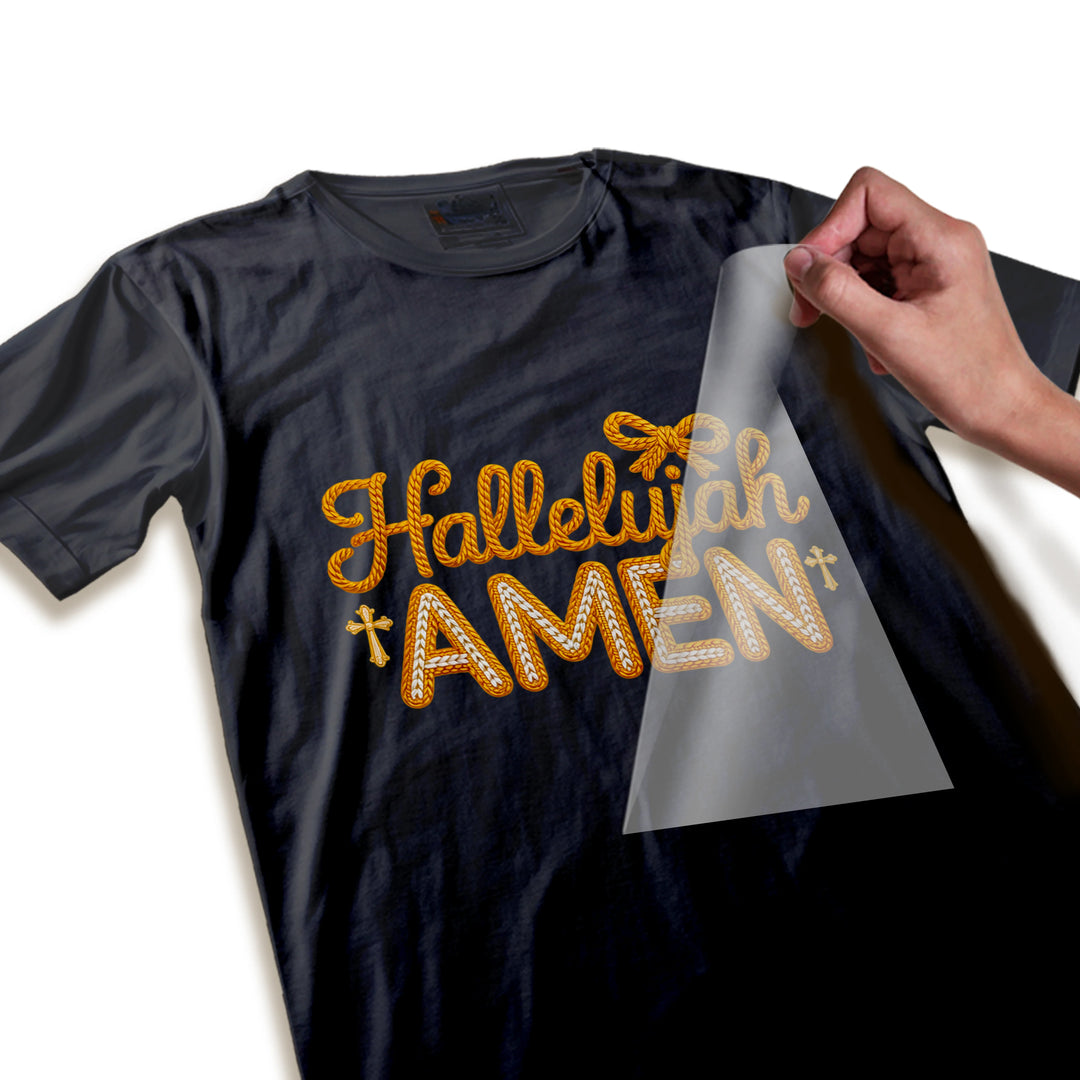 Close-up detail of Christmas Hallelujah Amen DTF transfer showing intricate rope texture lettering and decorative cross elements