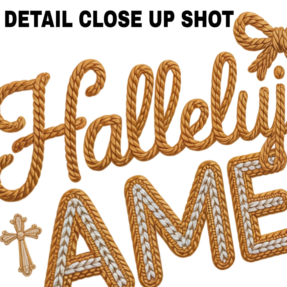 Christmas DTF transfer design featuring Hallelujah Amen text in textured rope lettering with decorative cross accents on white background
