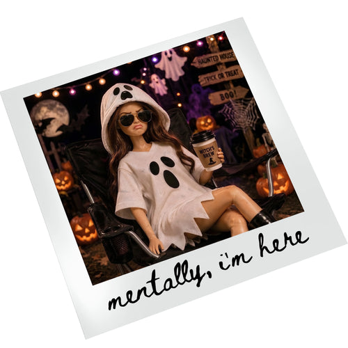 Halloween ghost doll ready-to-press DTF transfer on white background — Polaroid-style retro design with pumpkins, string lights, and spooky Halloween decorations