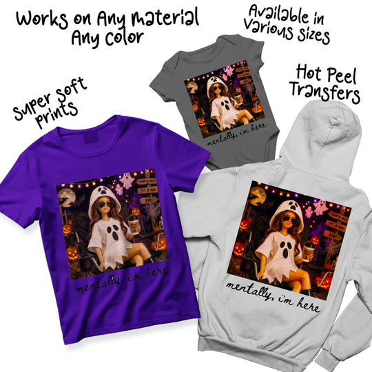 Multi-color Halloween DTF heat transfer print featuring retro doll ghost character in purple, orange, and white tones on various garment color options