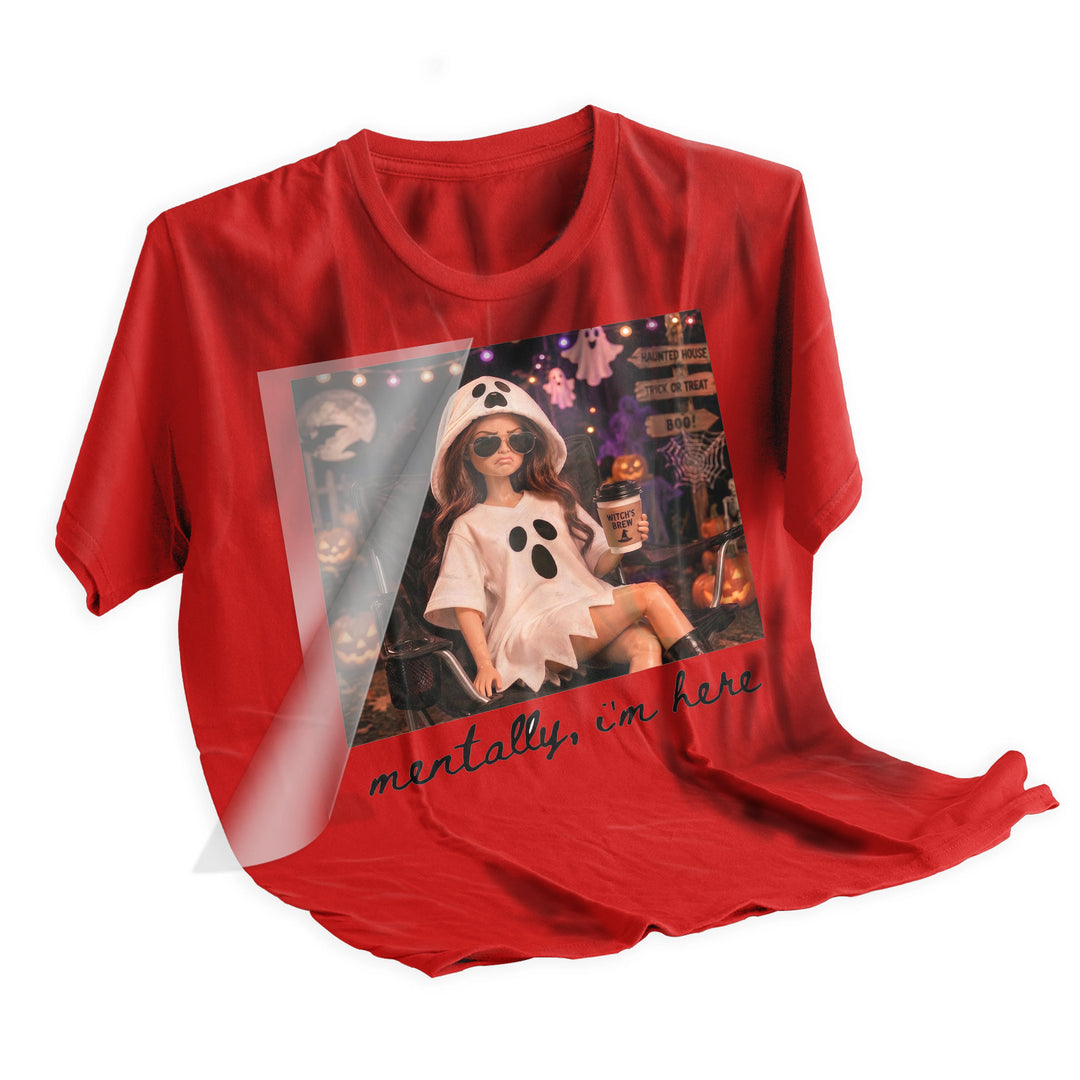 Heat press application of Halloween ghost doll DTF transfer being applied to a black t-shirt using a heat press machine at 310°F