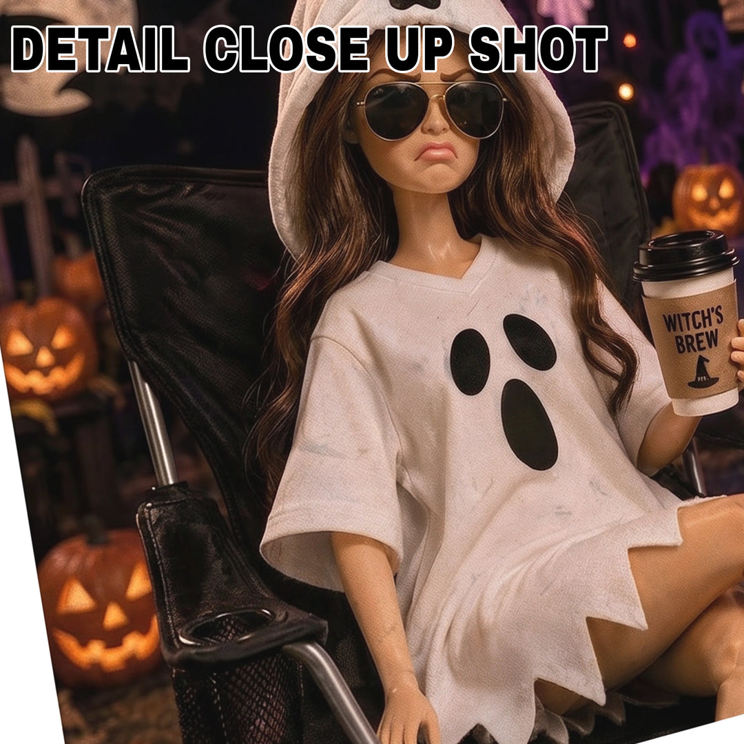 Halloween DTF transfer design showing a stylish doll in a ghost costume holding a Witch's Brew coffee cup, seated in a director's chair surrounded by pumpkins, presented in a Polaroid frame with the caption 'mentally, i'm here'