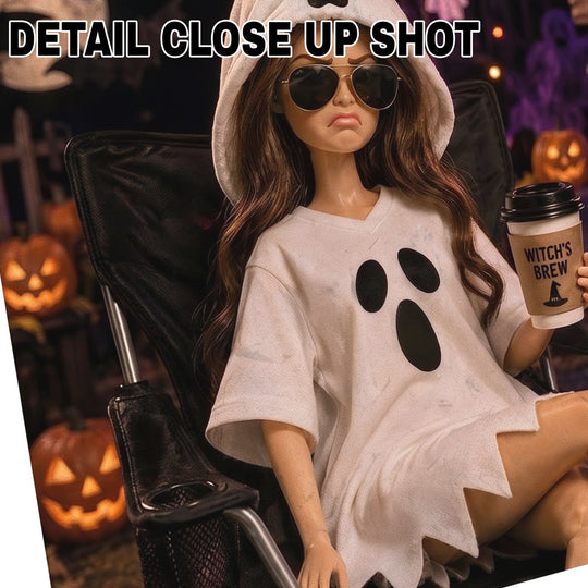 Halloween DTF transfer design showing a stylish doll in a ghost costume holding a Witch's Brew coffee cup, seated in a director's chair surrounded by pumpkins, presented in a Polaroid frame with the caption 'mentally, i'm here'