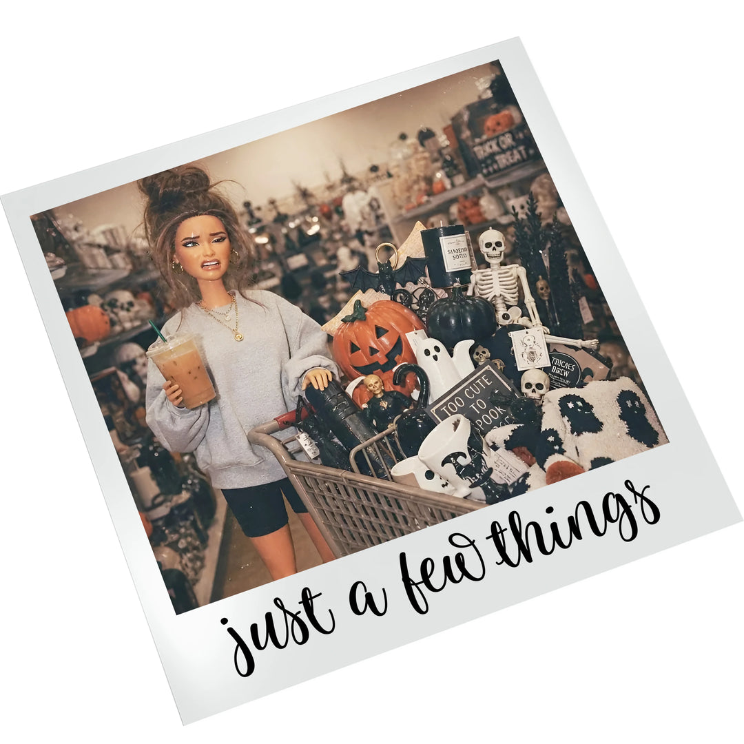 Halloween ready to press DTF transfer showing a stylish doll character surrounded by spooky Halloween shopping items in a polaroid photo format displayed on a white background
