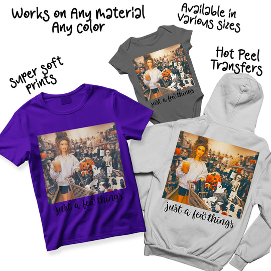 Multi-color Halloween heat transfer design with retro doll, pumpkins, ghost pillows, skeleton, and Halloween signage in a vintage polaroid frame with cursive just a few things caption shown in various garment color options