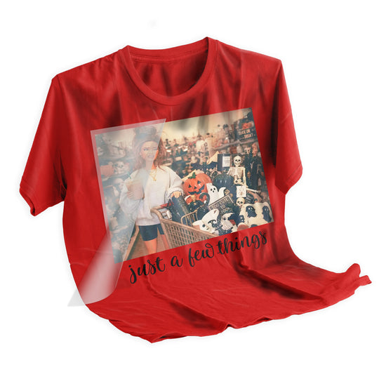 DTF transfer being heat pressed onto a gray sweatshirt showing the Halloween retro doll just a few things polaroid design with vivid orange and black Halloween colors
