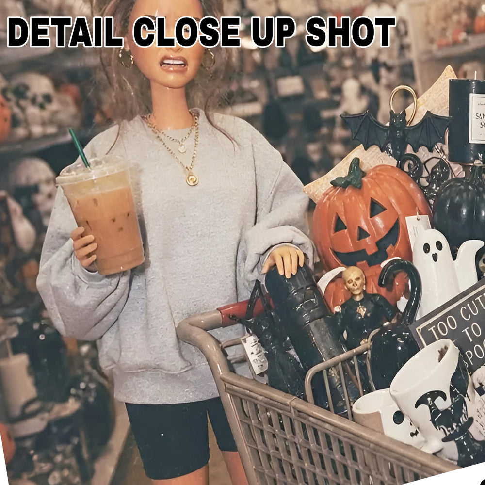 Halloween DTF transfer design featuring a retro doll holding an iced coffee standing next to a shopping cart full of Halloween decor including pumpkins, skeletons and ghosts, framed in a polaroid-style border with handwritten text reading just a few things