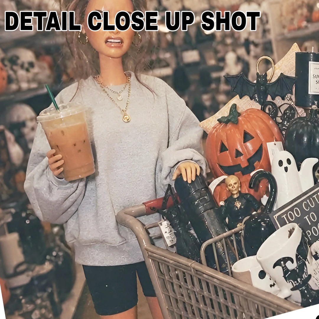 Halloween DTF transfer design featuring a retro doll holding an iced coffee standing next to a shopping cart full of Halloween decor including pumpkins, skeletons and ghosts, framed in a polaroid-style border with handwritten text reading just a few things