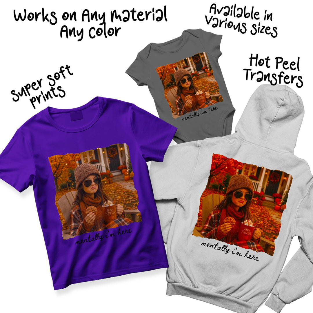 Fall cozy vibes heat transfer design displayed across multiple shirt color variations including rust orange, cream, and black showing vibrant autumn print quality