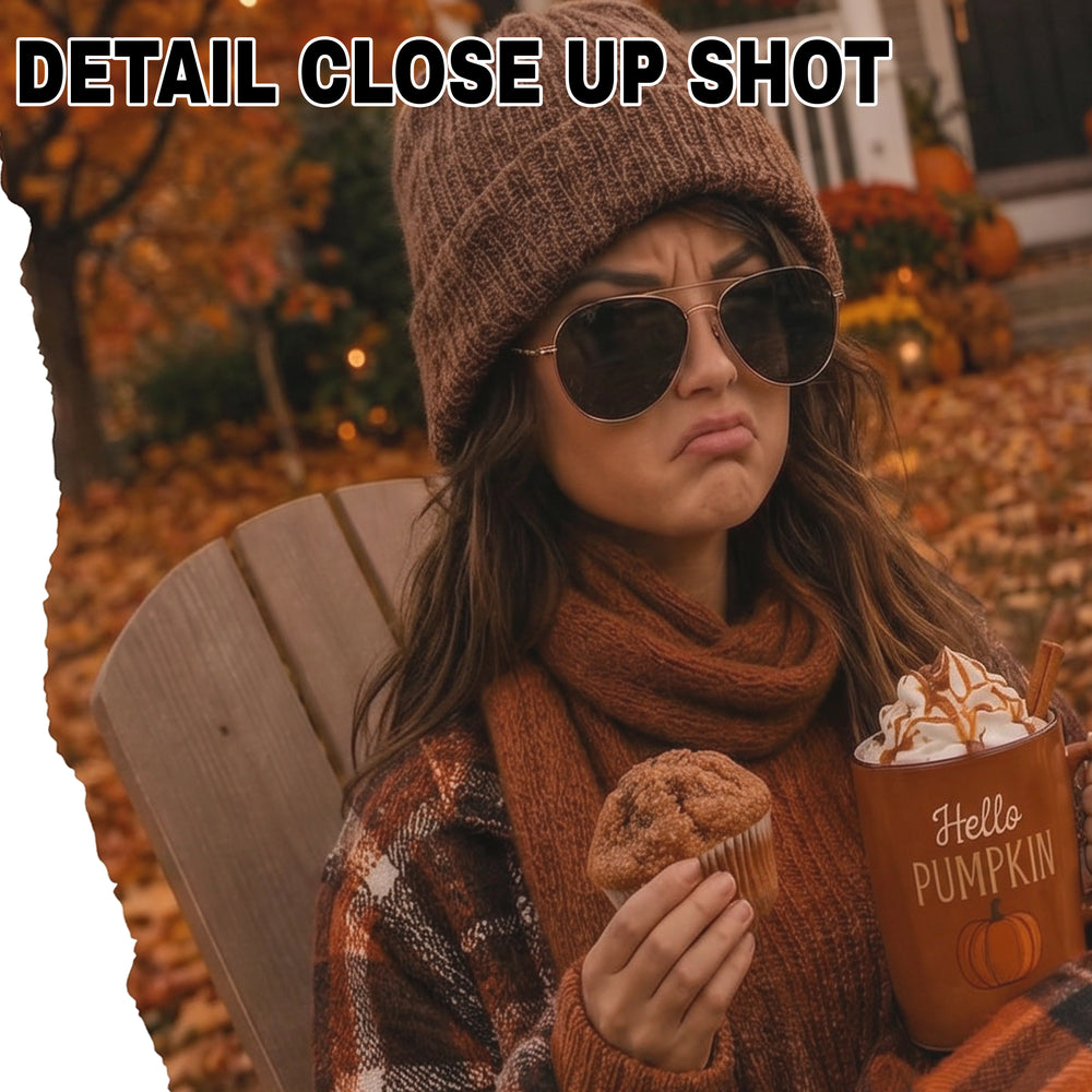 Cozy Fall Vibes Mentally I'm Here DTF transfer featuring a Polaroid-style photo of a girl in a knit beanie holding a Hello Pumpkin mug surrounded by autumn leaves with handwritten script caption