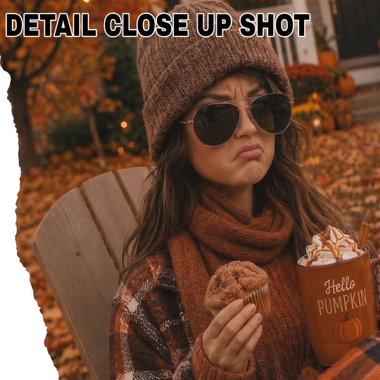 Cozy Fall Vibes Mentally I'm Here DTF transfer featuring a Polaroid-style photo of a girl in a knit beanie holding a Hello Pumpkin mug surrounded by autumn leaves with handwritten script caption