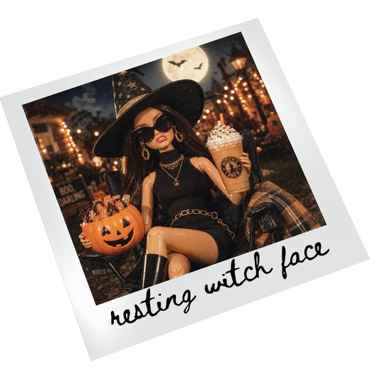 Resting Witch Face retro doll Halloween heat transfer design displayed on white background, featuring full-color polaroid-style art with spooky moon, bats, and string lights, ready to press DTF transfer for custom t-shirts and hoodies