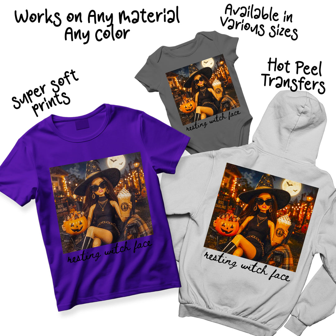 Multi-color variation of the Halloween retro doll DTF transfer showing vibrant orange, black, and gold tones of the witch fashion doll polaroid design, ready to press on dark and light colored garments
