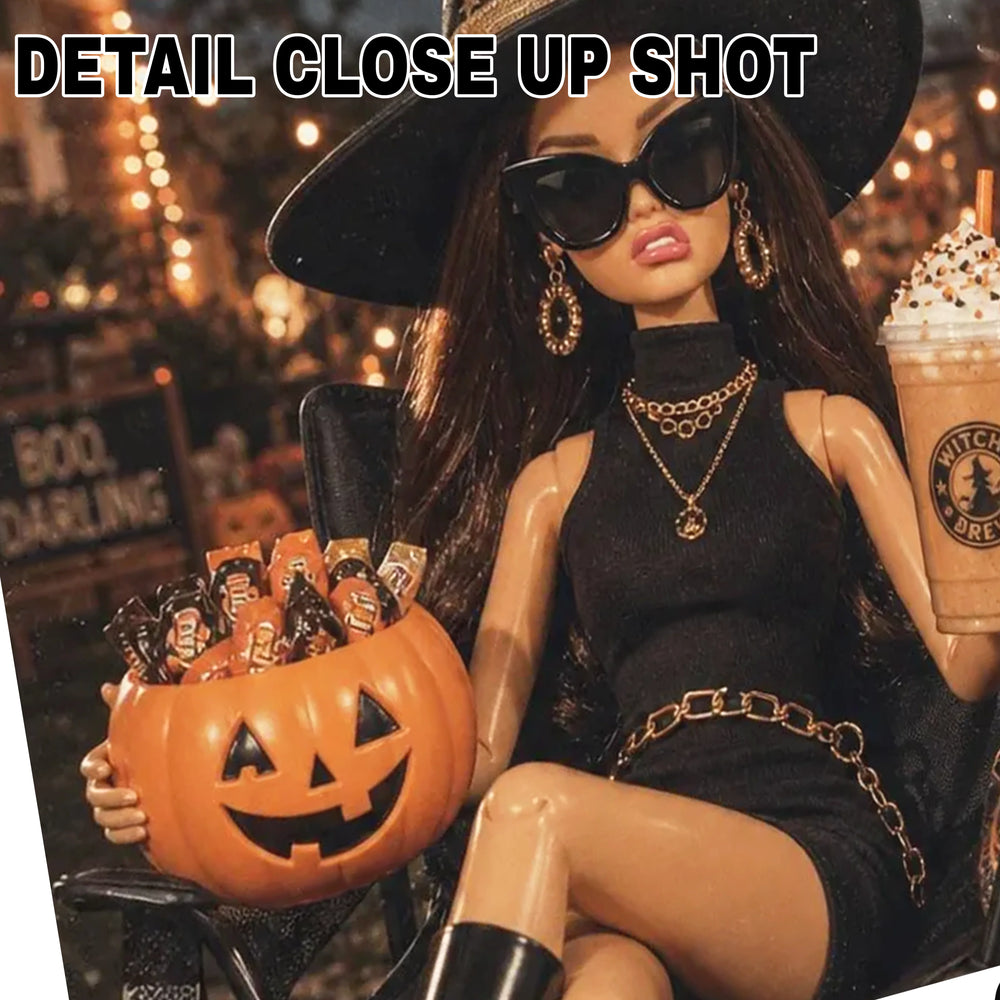 Halloween DTF transfer design showing a glamorous fashion doll in a witch hat, sunglasses, and black outfit holding a jack-o-lantern candy bucket and Witch's Brew coffee cup, framed in a polaroid photo style with 'resting witch face' text, ready to press onto custom apparel