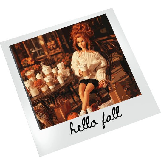 Hello Fall retro doll ready-to-press DTF transfer on white background showing full design detail with warm rust and cream color palette, autumn pumpkins, and coffee cups surrounding a chic fashion doll character