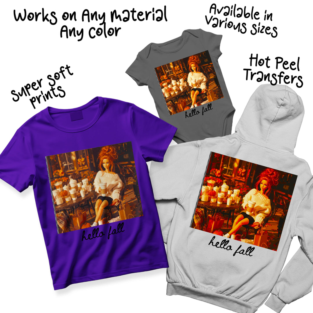 Hello Fall Retro Doll DTF heat transfer design shown across multiple fall-themed apparel color options including rust, cream, and brown t-shirts for seasonal boutique use